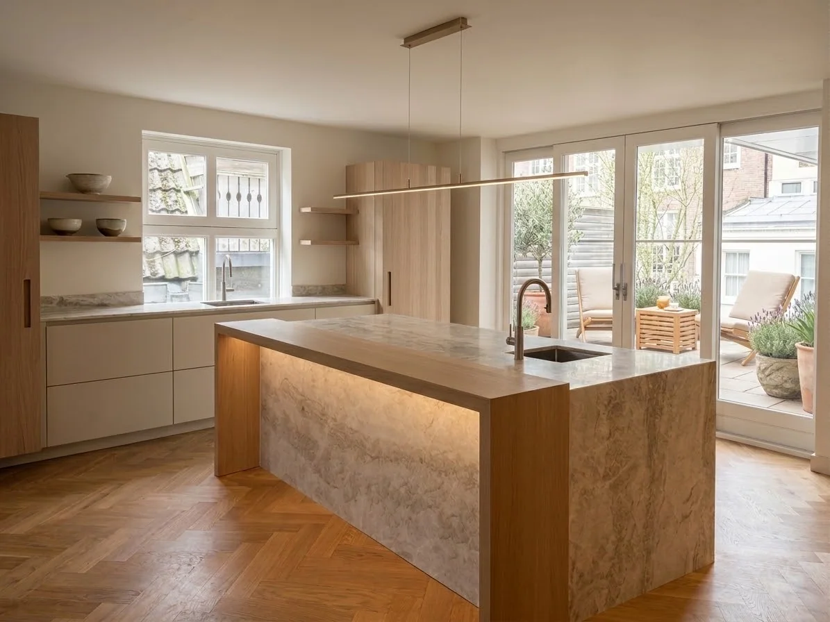Eiken keuken met een verlicht natuurstenen front aan het eiland