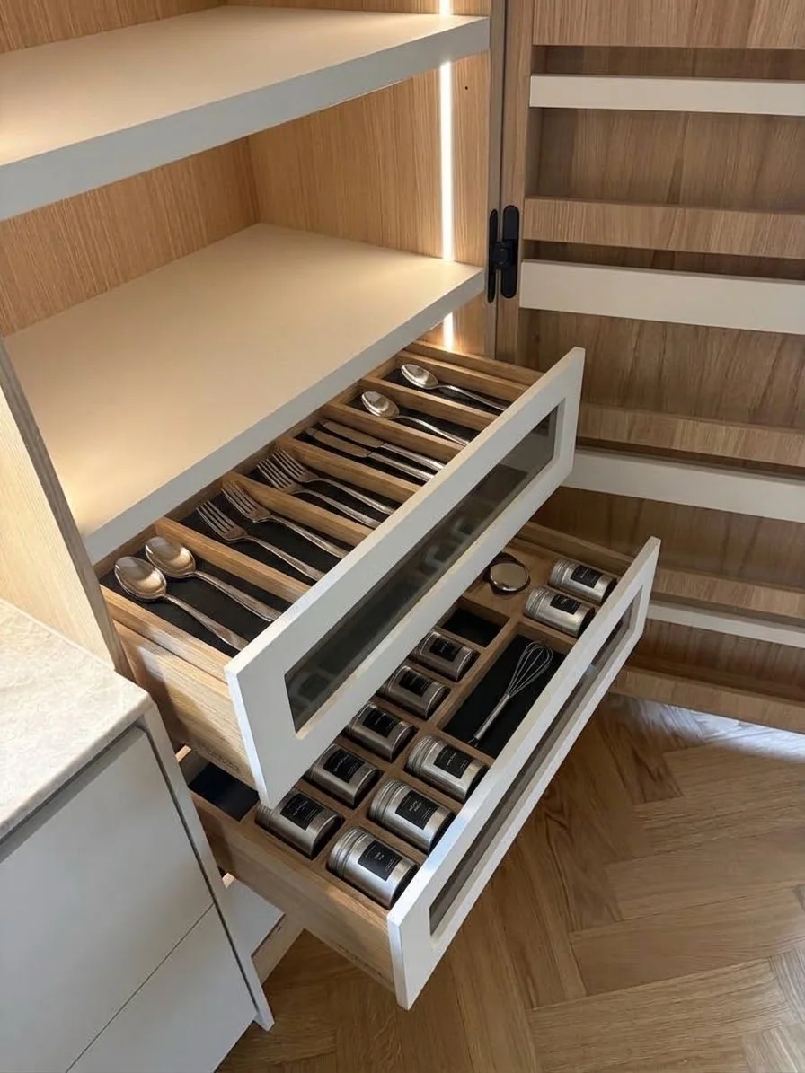 Interne lades met een houten bestekindeling