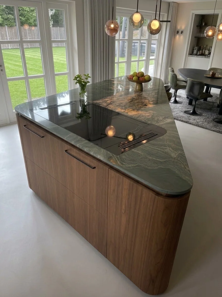 Notenhouten eiland met uitzicht op de tuin
